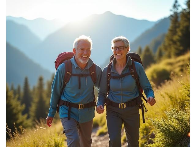 Senior couple hiking on a sunny trail, looking active and joyful, symbolizing healthy aging strategies backed by longevity research, with natural, energetic lighting.