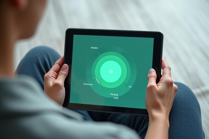 A person demonstrating controlled breathing with visual cues highlighting the breath cycle, focused on a tablet screen.