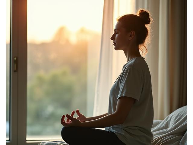 A serene individual meditating by a calming window, surrounded by subtle digital wellness interfaces, symbolizing inner calm and modern wellness technology.